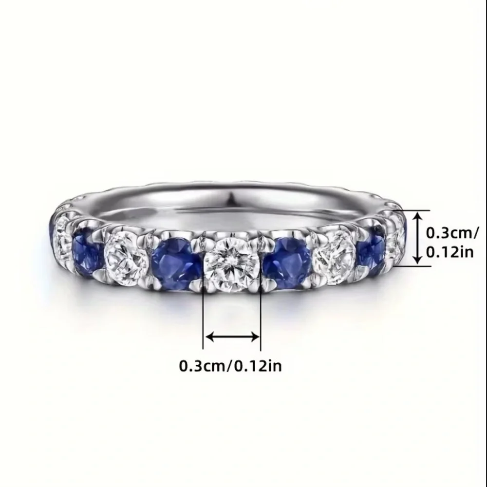 Silver White and Blue Sapphire Moissanite Gemstone Band Ring - Size 8